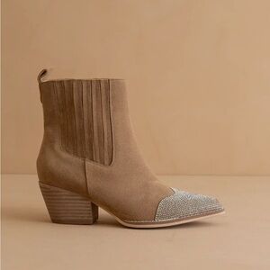 Anthropologie Beige Suede Booties with Metallic Toe